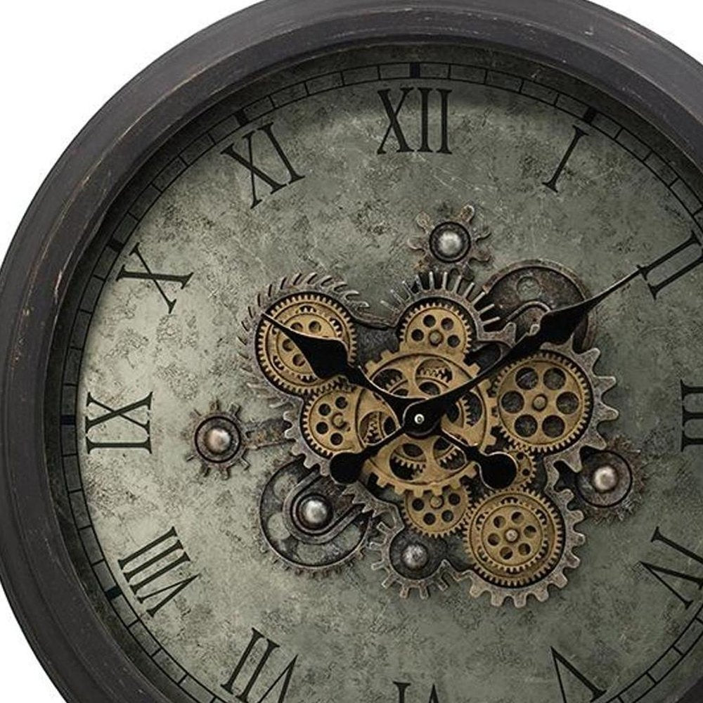 28" Circle Black and Gray Wood and Glass Analog Exposed Gear Wall Clock