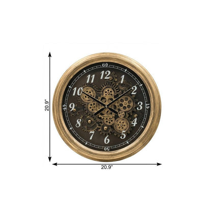 21" Circle Black and Gold Wood and Glass Analog Exposed Gear Wall Clock