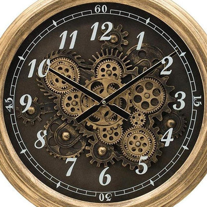 21" Circle Black and Gold Wood and Glass Analog Exposed Gear Wall Clock
