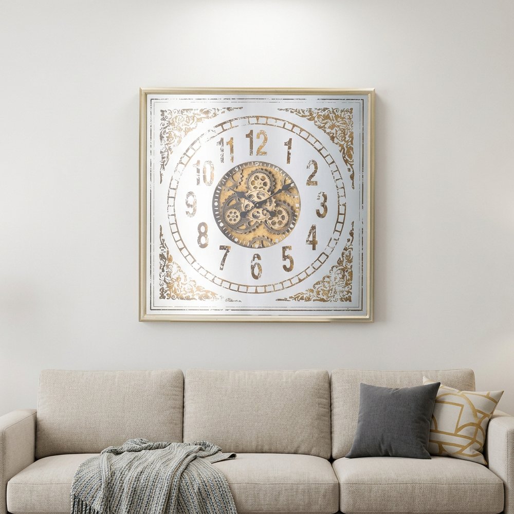 32" Square Gold and Silver Wood and Mirror Analog Exposed Gear Wall Clock