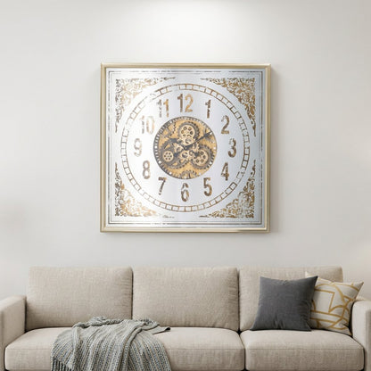 32" Square Gold and Silver Wood and Mirror Analog Exposed Gear Wall Clock