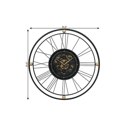 32" Circle Black and Gold Metal and Glass Analog Exposed Gear Wall Clock