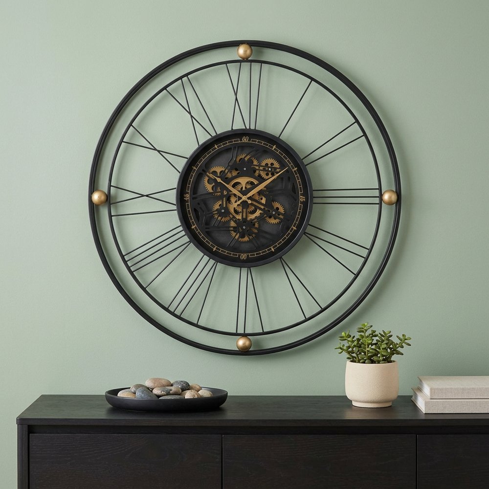 32" Circle Black and Gold Metal and Glass Analog Exposed Gear Wall Clock