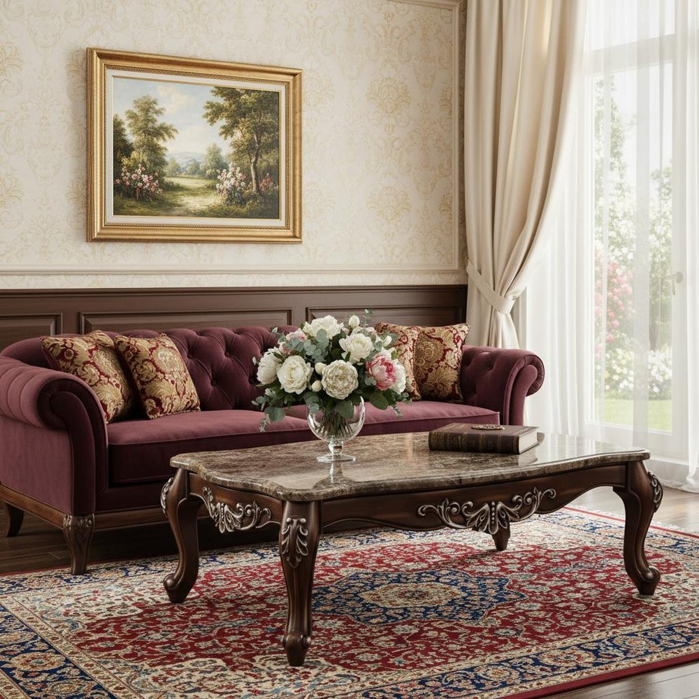 57" Brown and Oak Faux Marble And Wood Coffee Table