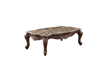 57" Brown and Oak Faux Marble And Wood Coffee Table