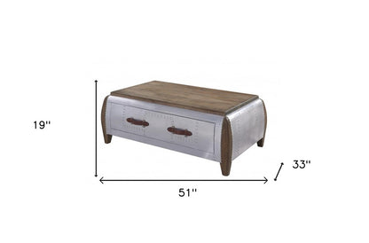 51" Brown and Gray Solid Wood And Aluminum Solid Coffee Table With Drawer