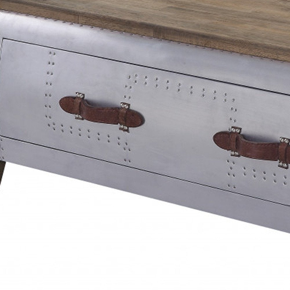 51" Brown and Gray Solid Wood And Aluminum Solid Coffee Table With Drawer