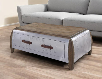 51" Brown and Gray Solid Wood And Aluminum Solid Coffee Table With Drawer