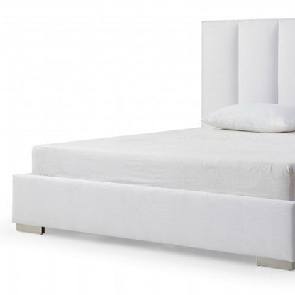 White Ribbed Texture Velvet Upholstered Queen Bed Frame