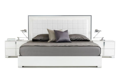 White Stainless Steel And Tufted Faux Leather Lighted California King Bed Frame