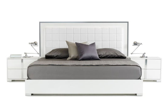 White Stainless Steel And Tufted Faux Leather Lighted California King Bed Frame