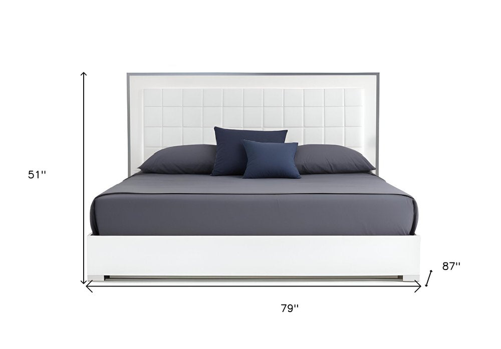 White Stainless Steel And Tufted Faux Leather Lighted California King Bed Frame