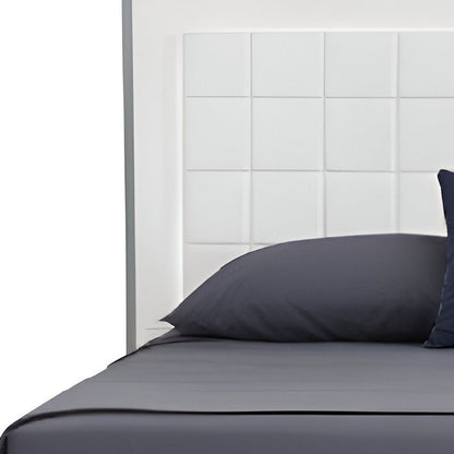 White Stainless Steel And Tufted Faux Leather Lighted California King Bed Frame