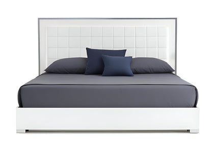 White Stainless Steel And Tufted Faux Leather Lighted California King Bed Frame