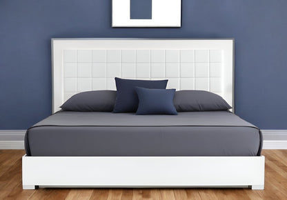 White Stainless Steel And Tufted Faux Leather Lighted California King Bed Frame