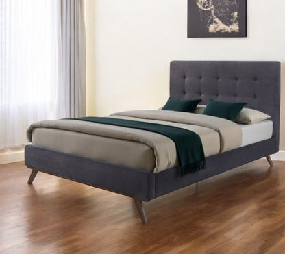 Gray and Brown Wood And Tufted Polyester King Bed Frame