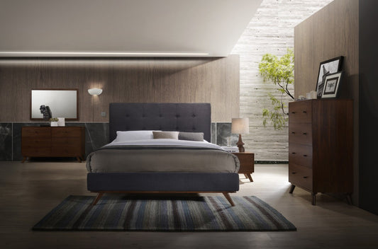 Gray and Brown Wood And Tufted Polyester King Bed Frame