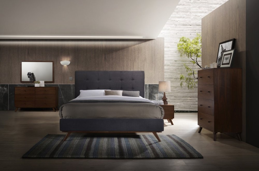 Gray and Brown Wood And Tufted Polyester King Bed Frame