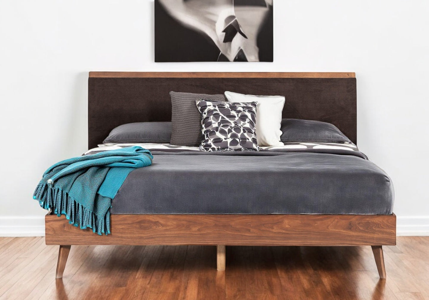 Brown Wood Upholstered King Bed Frame