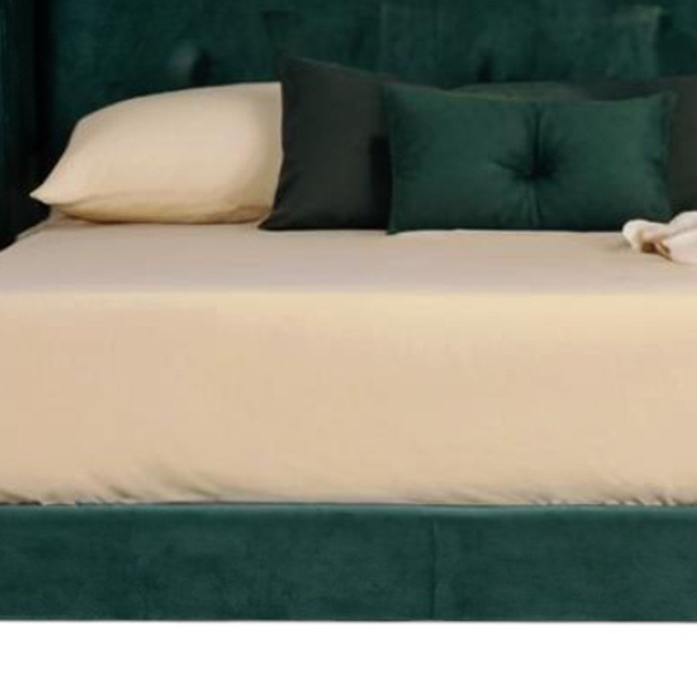 Green Wood And Tufted Velvet Queen Bed Frame