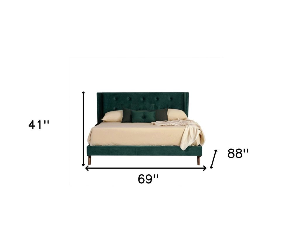 Green Wood And Tufted Velvet Queen Bed Frame