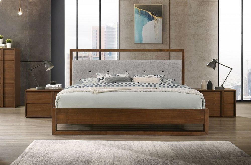 Brown and Gray Wood Tufted Upholstered Queen Bed Frame