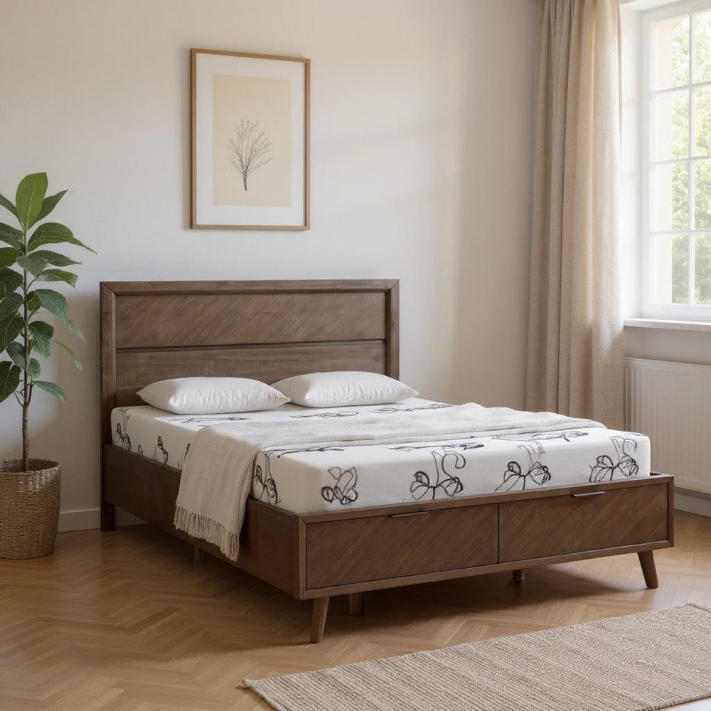 Dark Brown Solid Wood Queen With Two Drawers Bed Frame