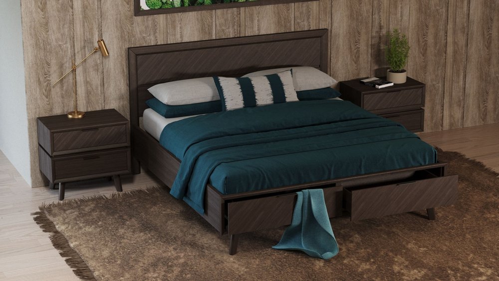Dark Brown Solid Wood King With Two Drawers Bed Frame