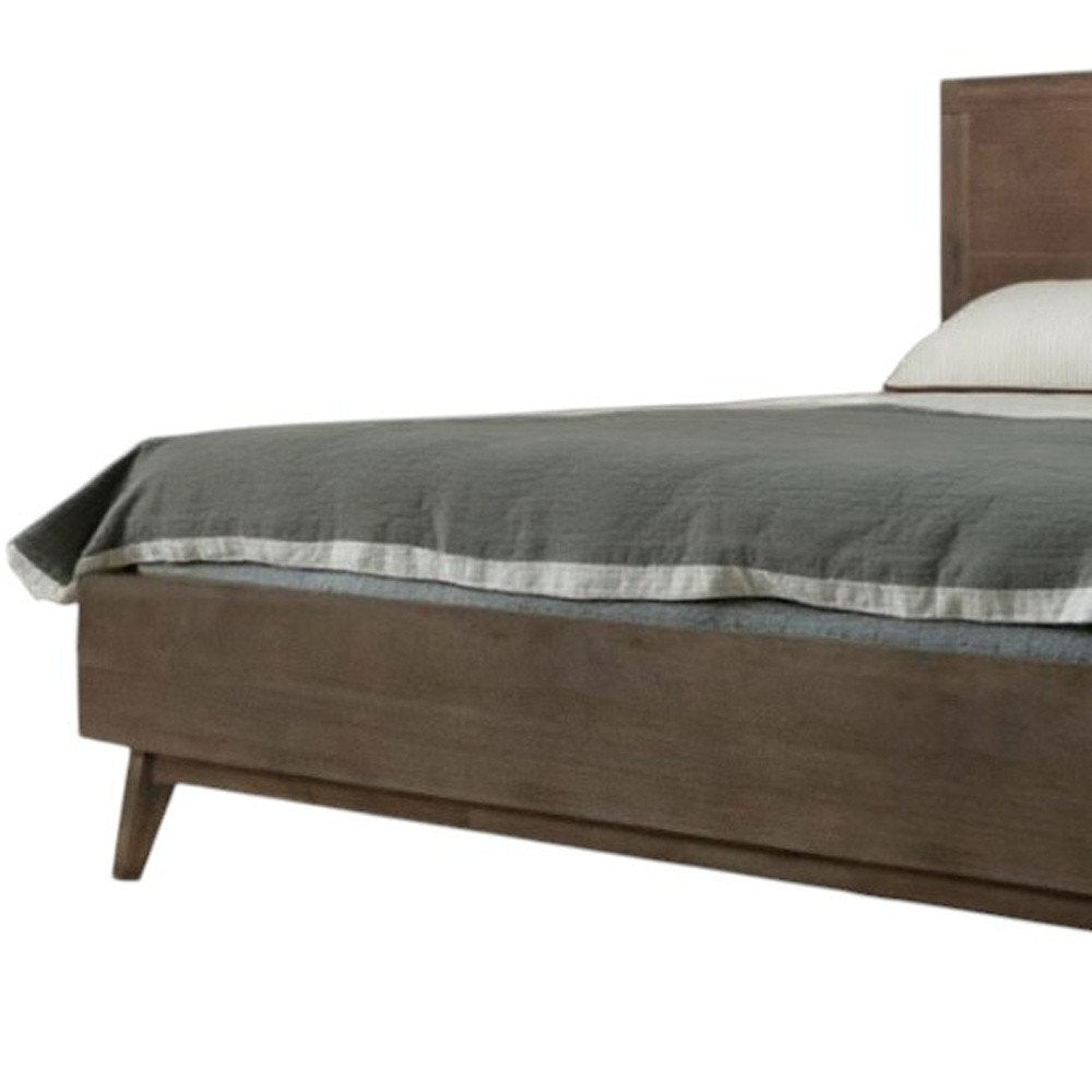 Brown Carved Geometric Solid Wood Queen Bed Frame