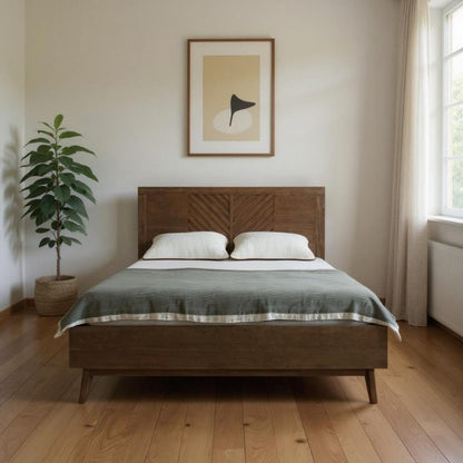 Brown Carved Geometric Solid Wood Queen Bed Frame