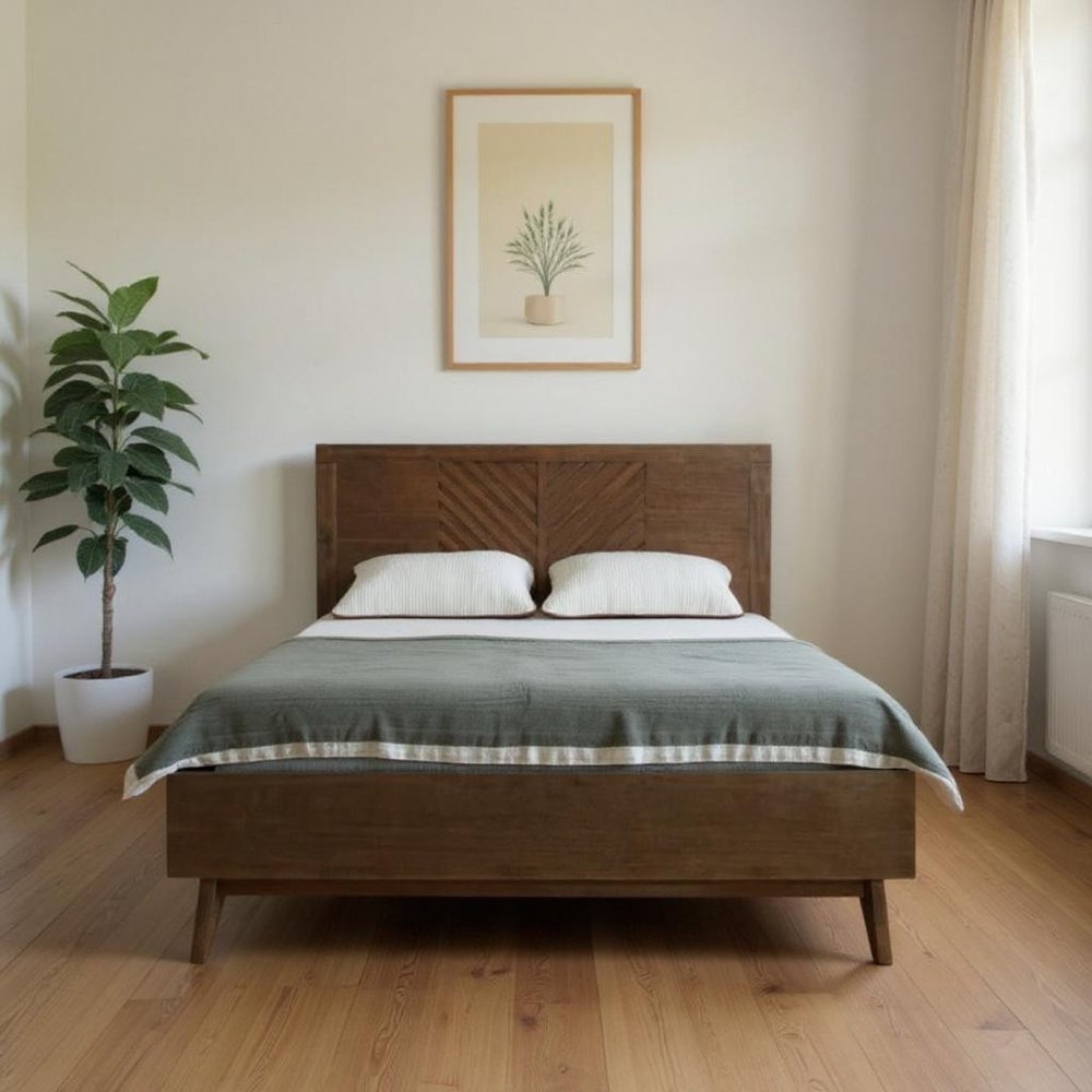 Brown Carved Geometric Solid Wood King Bed Frame