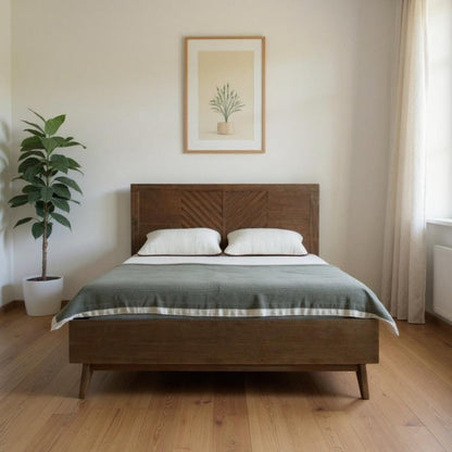 Brown Carved Geometric Solid Wood King Bed Frame