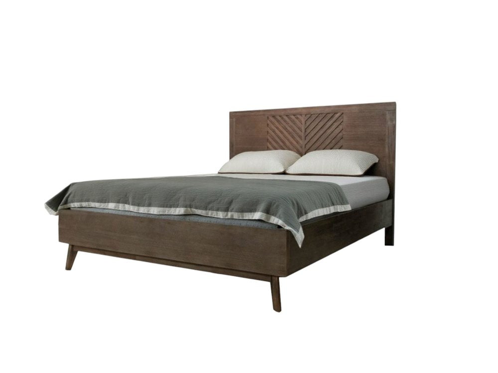 Brown Carved Geometric Solid Wood King Bed Frame