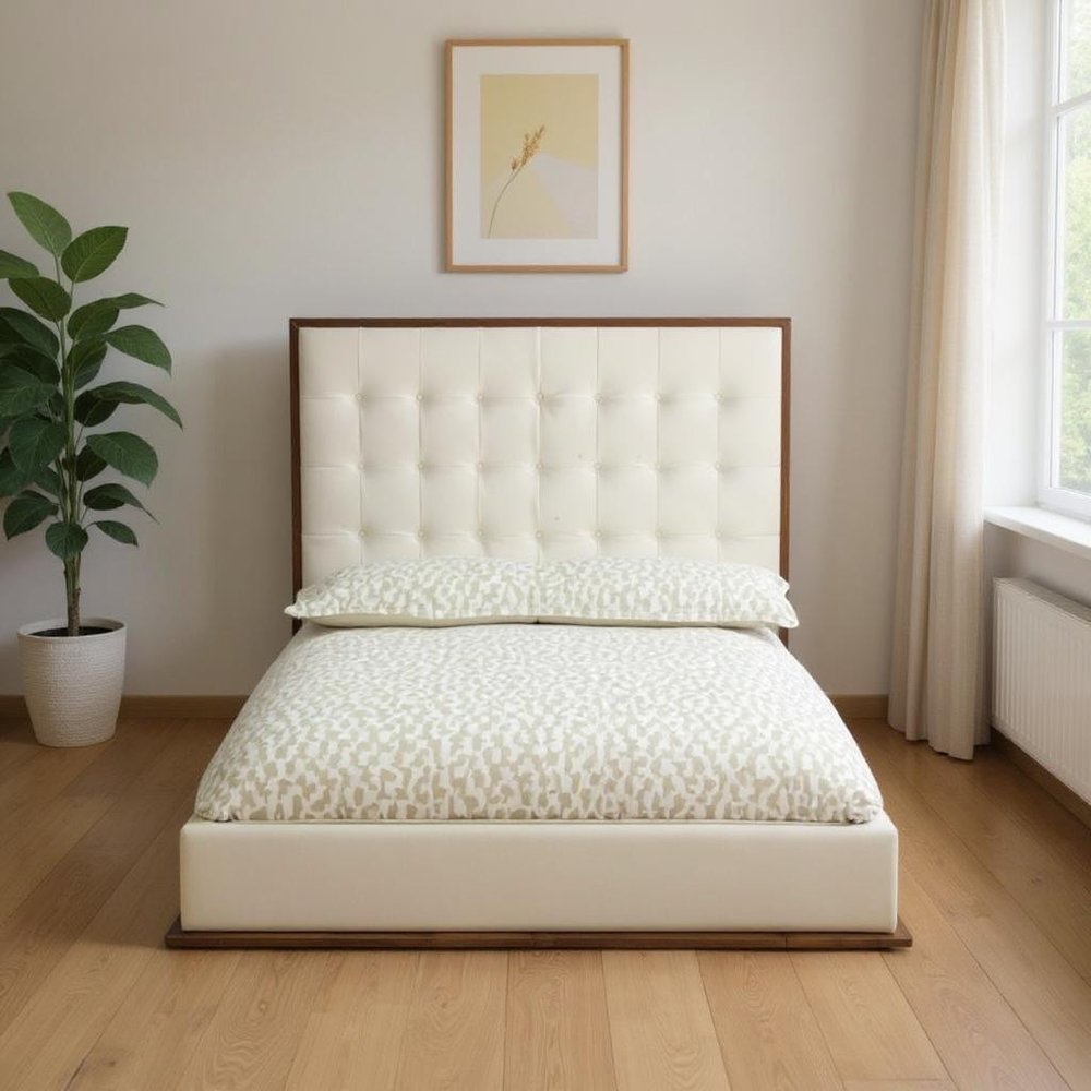 Brown and White Wood And Tufted Faux Leather Queen Bed Frame