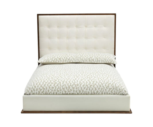 Brown and White Wood And Tufted Faux Leather Queen Bed Frame