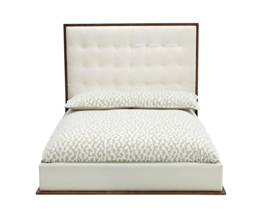 Brown and White Wood And Tufted Faux Leather Queen Bed Frame