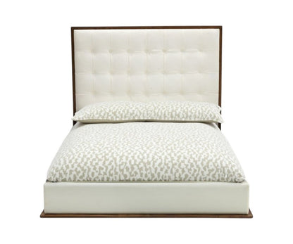 Brown and White Wood And Tufted Faux Leather Queen Bed Frame