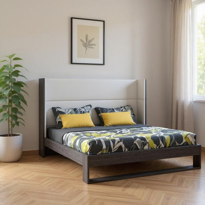 Gray and White Wood And Faux Leather King Bed Frame
