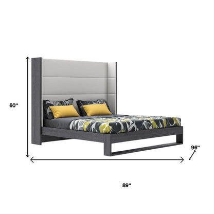 Gray and White Wood And Faux Leather King Bed Frame