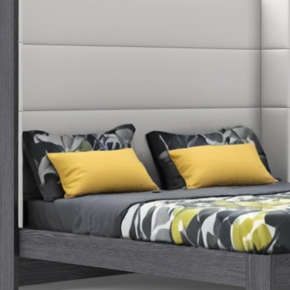 Gray and White Wood And Faux Leather King Bed Frame