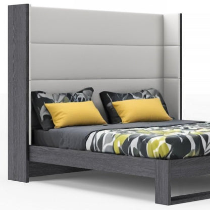 Gray and White Wood And Faux Leather King Bed Frame