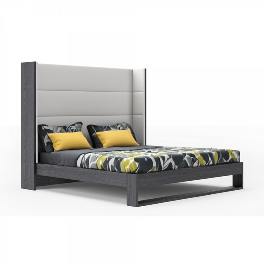 Gray and White Wood And Faux Leather King Bed Frame