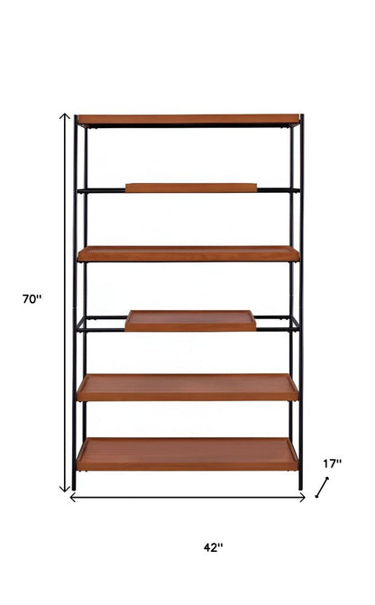 70" Oak And Black Metal and Wood Six Tier Etagere Bookcase
