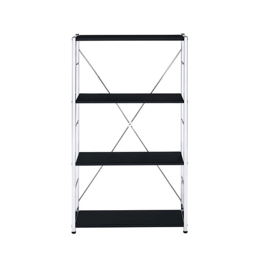 42" Black And Silver Metal and Wood Four Tier Etagere Bookcase