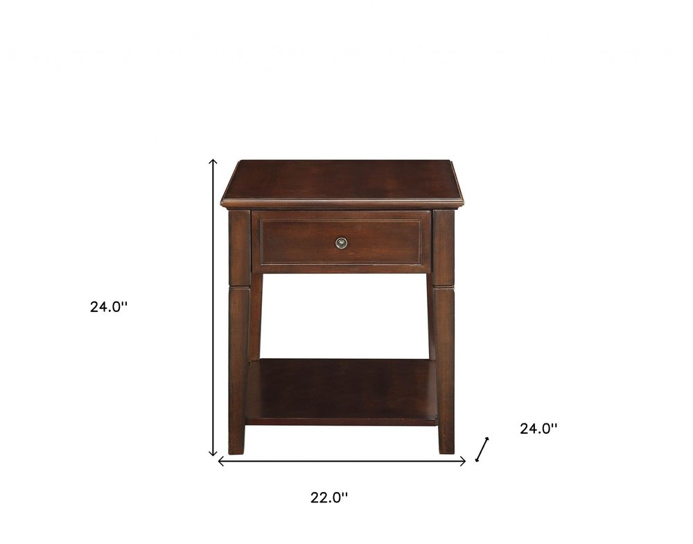 24" Brown Wood End Table With Drawer And Shelf