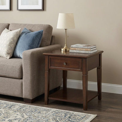 24" Brown Wood End Table With Drawer And Shelf