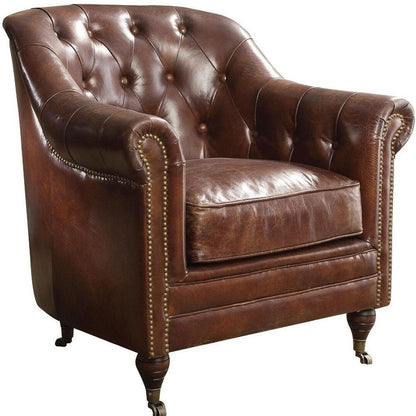 34" Brown Top Grain Leather Tufted Chesterfield Chair