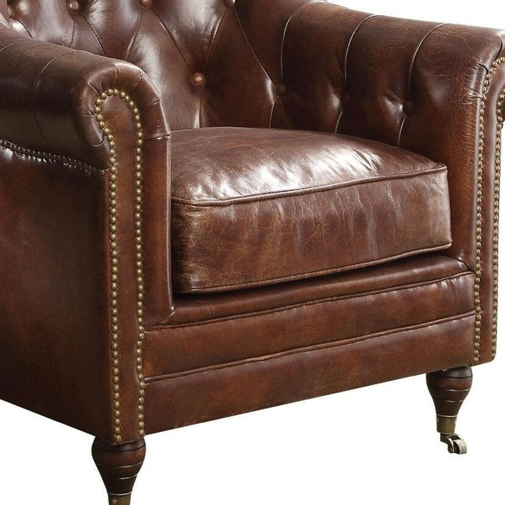 34" Brown Top Grain Leather Tufted Chesterfield Chair