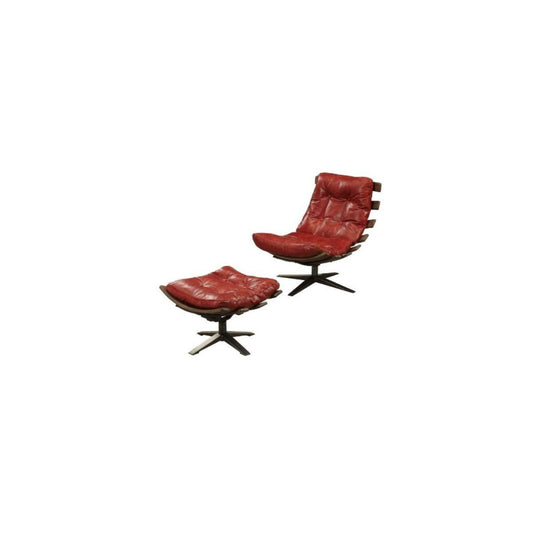 27" Red and Brown Top Grain Leather Tufted Swivel Lounge Chair With Ottoman