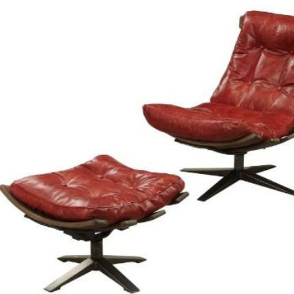 27" Red and Brown Top Grain Leather Tufted Swivel Lounge Chair With Ottoman